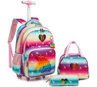 Sac à Dos avec Roues pour Filles Enfants Élève du Primaire,D'école Bagages De Voyage avec Roues Lunch Et Étui à Crayons,Egchescebo 3PCS roulettes Licorne pour Filles de 16 po