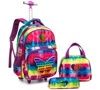 Sac à Dos avec Roues pour Filles Enfants Élève du Primaire,D'école Bagages De Voyage avec Roues Lunch Et Étui à Crayons,Egchescebo 3PCS roulettes Papillon de 16 po pour Filles