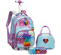 Sac à Dos avec Roues pour Filles Enfants Élève du Primaire, Sacs D'école Bagages De Voyage avec Roues Lunch Et Étui à Crayons,Egchescebo Sac à Dos à roulettes Sirène pour Filles de 16 po