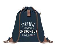 Sac à Dos Bleu avec Pochette Certifié meilleur Chercheur - Sac de Sport et Gym avec Cordelettes en Toile - Sac Doudou - Idée Cadeau Original Collègue, Anniversaire ou Départ Retraite