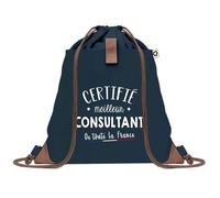 Sac à Dos Bleu avec Pochette Certifié meilleur Consultant - Sac de Sport et Gym avec Cordelettes en Toile - Sac Doudou - Idée Cadeau Original Collègue, Anniversaire ou Départ Retraite