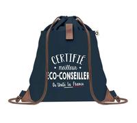 Sac à Dos Bleu avec Pochette Certifié meilleur Eco-Conseiller - Sac de Sport et Gym avec Cordelettes en Toile - Sac Doudou - Idée Cadeau Original Collègue, Anniversaire ou Départ Retraite