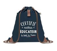 Sac à Dos Bleu avec Pochette Certifié meilleur Éducateur - Sac de Sport et Gym avec Cordelettes en Toile - Sac Doudou - Idée Cadeau Original Collègue, Anniversaire ou Départ Retraite