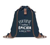 Sac à Dos Bleu avec Pochette Certifié meilleur Épicier - Sac de Sport et Gym avec Cordelettes en Toile - Sac Doudou - Idée Cadeau Original Collègue, Anniversaire ou Départ Retraite