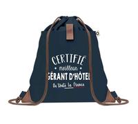 Sac à Dos Bleu avec Pochette Certifié meilleur Gérant d'Hôtel - Sac de Sport et Gym avec Cordelettes en Toile - Sac Doudou - Idée Cadeau Original Collègue, Anniversaire ou Départ Retraite