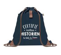 Sac à Dos Bleu avec Pochette Certifié meilleur Historien - Sac de Sport et Gym avec Cordelettes en Toile - Sac Doudou - Idée Cadeau Original Collègue, Anniversaire ou Départ Retraite