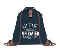 Sac à Dos Bleu avec Pochette Certifié meilleur Infirmier - Sac de Sport et Gym avec Cordelettes en Toile - Sac Doudou - Idée Cadeau Original Collègue, Anniversaire ou Départ Retraite