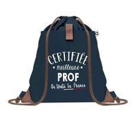 Sac à Dos Bleu avec Pochette Certifiée meilleure Prof - Sac de Sport et Gym avec Cordelettes en Toile - Sac Doudou - Idée Cadeau Original Collègue, Anniversaire ou Départ Retraite
