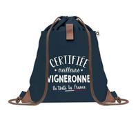 Sac à Dos Bleu avec Pochette Certifiée meilleure Vigneronne - Sac de Sport et Gym avec Cordelettes en Toile - Sac Doudou - Idée Cadeau Original Collègue, Anniversaire ou Départ Retraite