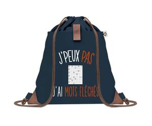 Sac à Dos Bleu avec Pochette J'peux Pas Mots Fléchés - Sac de Sport et Gym avec Cordelettes en Toile - Sac Doudou - Idée Cadeau Original Collègue, Anniversaire ou Départ Retraite
