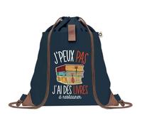 Sac à Dos Bleu avec Pochette J'peux Pas Restauration de Livres - Sac de Sport et Gym avec Cordelettes en Toile - Sac Doudou - Idée Cadeau Original Collègue, Anniversaire ou Départ Retraite