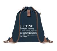 Sac à Dos Bleu avec Pochette Justine Définition - Sac de Sport et Gym avec Cordelettes en Toile - Sac Doudou - Idée Cadeau Original Collègue, Anniversaire ou Départ Retraite