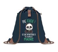Sac à Dos Bleu avec Pochette Madre Pas Touche Panda - Sac de Sport et Gym avec Cordelettes en Toile - Sac Doudou - Idée Cadeau Original Collègue, Anniversaire ou Départ Retraite