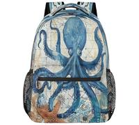 Sac À Dos Carte De Mots des Pieuvres Bleues Rétro Sac A Dos Scolaire Classique Rucksack Unisexe Cartables pour Randonnée Camping Voyages