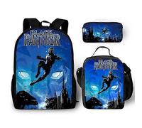 Sac à dos classique Harajuku Black Panther 3 pièces/ensemble, imprimé 3D, cartable pour écolier, sac à dos pour ordinateur portable, sac à déjeuner Noir