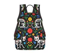 Sac À Dos Day of The Dead Cat Black Roses Sugar Skull Skeleton Daypack Homme Et Femme Backpack Tendance Sac D'École pour Étudiant Camping Randonnée