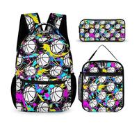 Sac à dos de basket-ball avec boîte à déjeuner et trousse à crayons, sac à dos cool sur le thème du basket-ball, réglable, durable, léger, grande capacité, sac à dos de basket-ball coloré pour enfants
