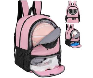 Sac à dos de basket pour femme avec compartiment pour ballon et chaussures, capacité 30 L, léger et respirant, pour volley, football, sport, voyage, école, gym (rose, noir)