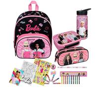 Sac à dos de maternelle Barbie pour fille - Personnalisable avec nom - Ensemble sac à dos pour enfant, Set 3 : sac à dos, gourde, boîte à déjeuner, tour de peinture, trousse