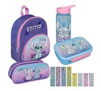 Sac à dos de maternelle Disney Stitch - Personnalisable avec nom - Sac à dos pour enfant avec poche avant - 2 compartiments 25,5 x 30,5 x 10 cm, Set 3 Lilo & Stitch Lilas