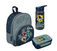 Sac à dos de maternelle Harry Potter Poudlard avec boîte à goûter, gourde, personnalisable avec nom, sac à dos pour enfant avec boîte à sandwich et gobelet, Set 1 - Harry Potter gris, 3 teilig