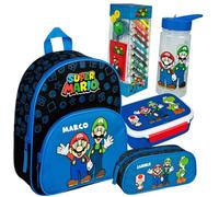 Sac à dos de maternelle Super Mario avec boîte à goûter, gourde, trousse à crayons, personnalisable avec nom, set sac à dos pour enfant, boîte à déjeuner, gobelet à boire, trousse bleu roi, Set 3