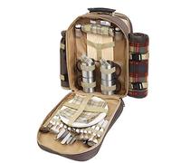 Sac à dos de pique-nique 4 personnes avec couverture de pique-nique, vaisselle en métal, planche à découper en bois, refroidisseur de bouteilles, salière, serviettes et ensemble de couverts, idéal
