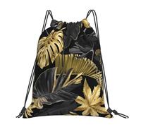 Sac à dos de sport à cordon de serrage, motif feuilles tropicales dorées et noires, résistant à l'eau, pour femmes et hommes