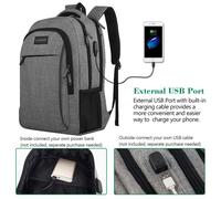 Sac à dos de voyage, sac léger portable avec port de chargement USB, convient pour ordinateur portable 15,6 pouces, gris