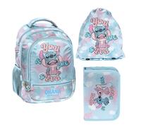 Stitch Angel Paso - Sac à dos avec trousse à dessin et sac de sport - Sac à dos d'école 38 x 28 x 15 cm - Bleu