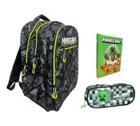 Sac à dos d'école compatible avec Minecraft gris rond 3 compartiments zippés pour enfants primaire moyenne + trousse ovale + agenda + kit stylos et porte-clés sifflet