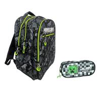 Sac à dos d'école compatible avec Minecraft gris rond 3 compartiments zippés pour enfants primaire moyenne + trousse ovale + kit stylos et porte-clés sifflet