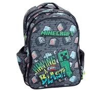 Sac à dos d'école compatible avec Minecraft Having A Blast gris rond 3 compartiments zippés pour enfants primaire moyenne + kit stylos et porte-clés sifflet
