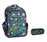 Sac à dos d'école compatible avec Minecraft Having A Blast gris rond 3 compartiments zippés pour enfants primaire moyenne + trousse ovale + kit stylos et porte-clés sifflet