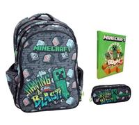 Sac à dos d'école compatible avec Minecraft Having A Blast gris rond 3 compartiments zippés pour enfants primaire moyenne + trousse ovale + agenda + kit stylos et porte-clés sifflet