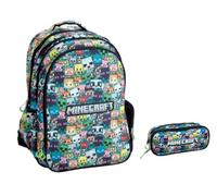 Sac à dos d'école compatible avec Minecraft Pixel multicolore rond 3 compartiments zippés pour enfants primaire moyenne + trousse ovale + kit stylos et porte-clés sifflet