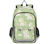 Sac à dos d'école pour enfants garçons 8-12 : sac à livres léger pour les jeunes dans des couleurs assorties - Licornes délicates de dessin animé vert clair pour enfants