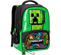 Sac à dos d'école pour Minecraft Fan de 6 à 12 ans, primaire et moyenne, design Creeper, 2 compartiments avec poche et filet pour gourde, 22 litres (42 x 31 x 17 cm)