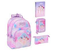 Sac à dos d'école primaire rond K pop Idols Stars Rumi Mira Zoey pour fille + trousse à 3 compartiments + trousse zippée + agenda 2026/2027 + 7 stylos à clipser et porte-clés à paillettes