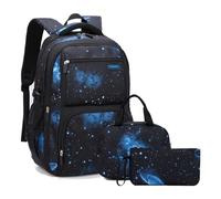 Sac à dos d'écolier à imprimé galaxie pour garçons Sac à dos pour l'école primaire, 3 pièces-noir-bleu-galaxie, 3Pcs Backpack Set, Ordinateur portable