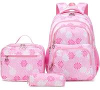 Sac à dos d'écolier pour fille - Ensemble de 3 pièces avec imprimé floral - Avec sac à déjeuner et trousse à crayons - Sac à dos léger pour l'école primaire - Sac à dos décontracté pour enfants, Rose,