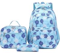 Sac à dos d'écolier pour fille - Ensemble de 3 pièces avec imprimé floral - Avec sac à déjeuner et trousse à crayons - Sac à dos léger pour l'école primaire - Sac à dos décontracté pour enfants, bleu,