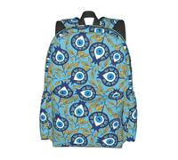 Sac à dos décontracté et léger pour ordinateur portable, motif œil maléfique et grenade à feuilles dorées. Idéal pour les trajets quotidiens et les voyages. Poignée supérieure, poches pour bouteille d