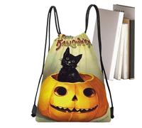 Sac à dos d'Halloween avec cordon de serrage | Sac à bonbons de 33 x 40 cm avec motif chat assis sur une réutilisable | Sac à dos en polyester pour étudiants et shopping en plein air, 05