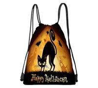 Sac à dos d'Halloween avec cordon de serrage | Sac à bonbons de 33 x 40 cm avec motif chat assis sur une réutilisable | Sac à dos en polyester pour étudiants et shopping en plein air, 01