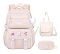 Sac à Dos École Imperméable Léger pour Fille 10-12 Ans - Cartable Primaire avec Bandes Réfléchissantes, Coussin Dorsal Ergonomique, Grande Capacité et Lavable en Machine(Beige B,L)
