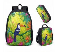 Sac à dos Electro-Jungle avec trousse et sac isotherme - Set 3 en 1, Design Toucan Néon, Style Maximaliste pour Citadins et Étudiants