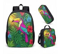 Sac à dos Electro-Jungle avec trousse et sac isotherme - Set 3 en 1, Design Toucan Néon, Style Maximaliste pour Citadins et Étudiants