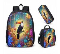 Sac à dos Electro-Jungle avec trousse et sac isotherme - Set 3 en 1, Design Toucan Néon, Style Maximaliste pour Citadins et Étudiants