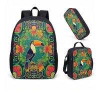 Sac à dos Electro-Jungle avec trousse et sac isotherme - Set 3 en 1, Design Toucan Néon, Style Maximaliste pour Citadins et Étudiants